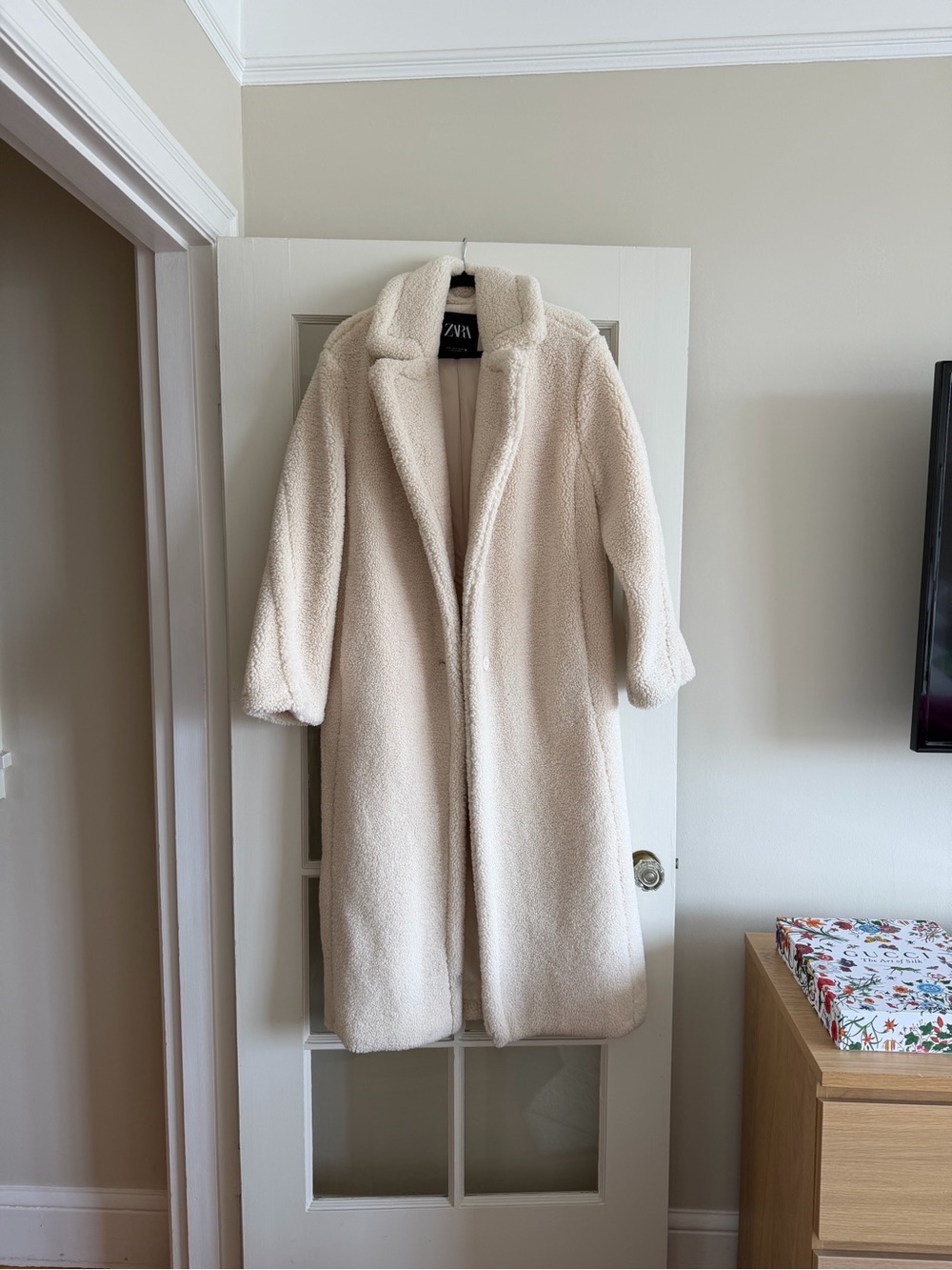 Zara Cream Teddy Longline Coat - Plush Open Front